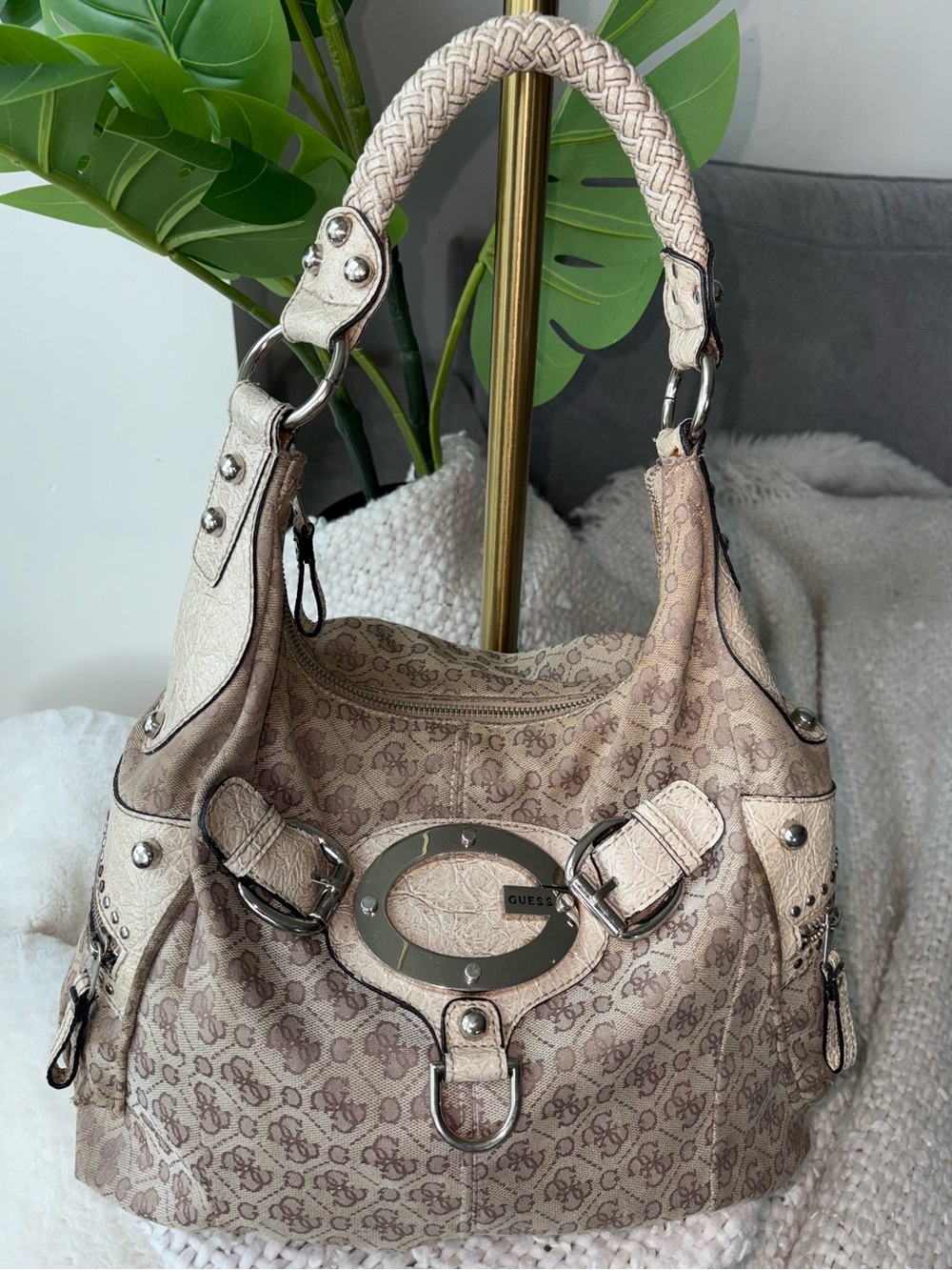 Vintage GUESS Osaka Y2K Monogram Oversized Hobo Shoulder Bag Studded G Purse